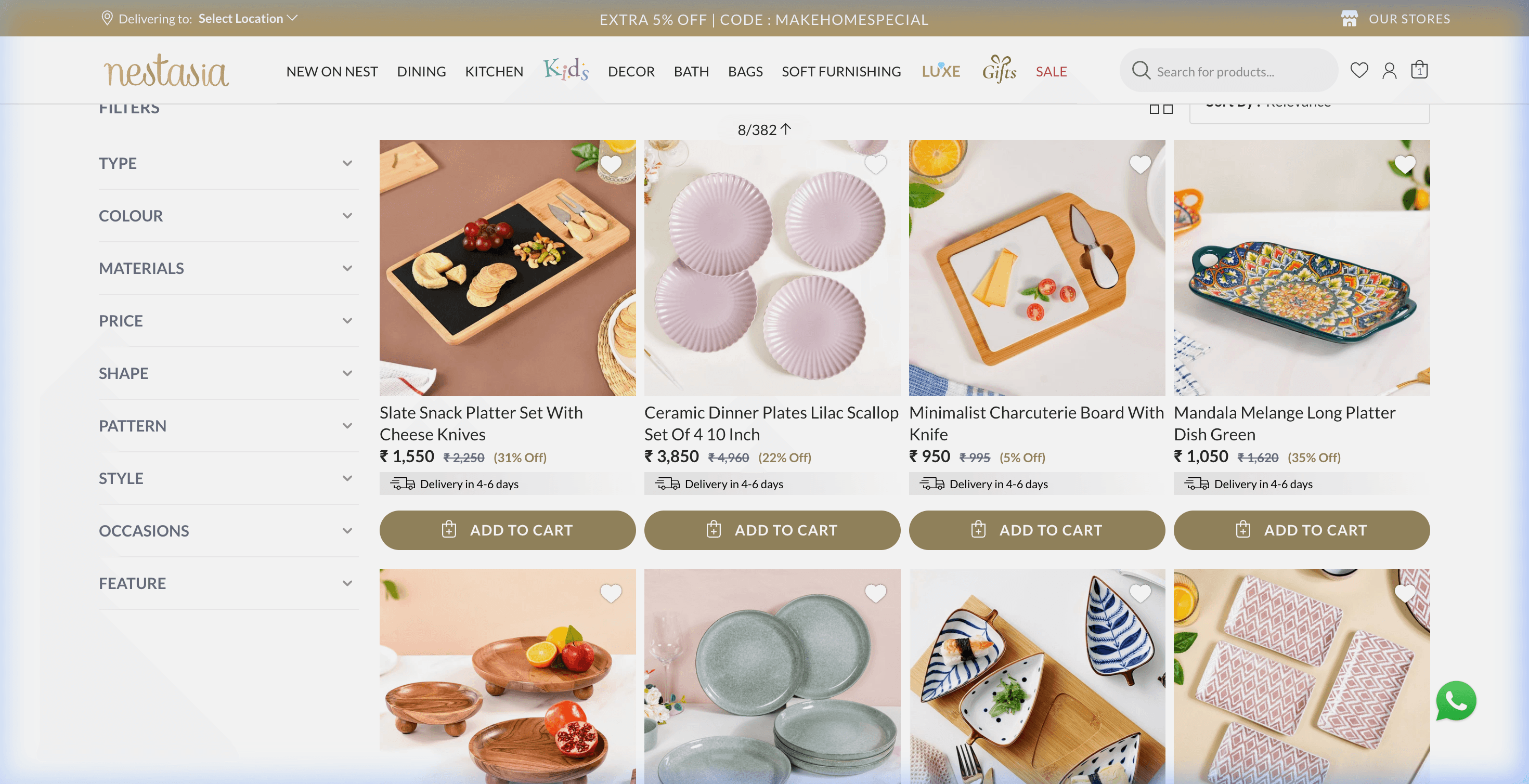 Multi-category dining catalog showing ceramic plates, platters, and tableware options