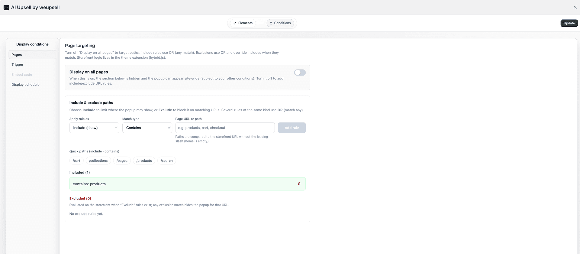 WeUpsell Conditions Pages tab with product page targeting rule