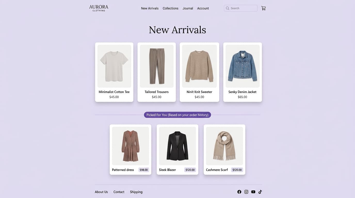 Personalized product recommendations for a returning Shopify customer based on order history