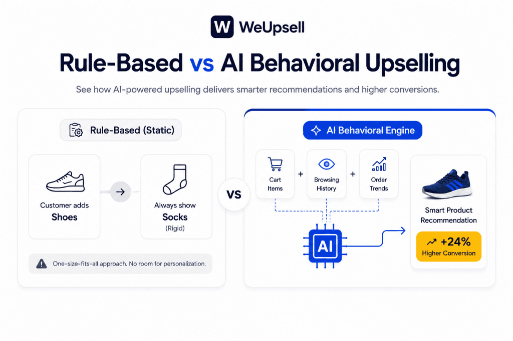 Rule based upselling vs AI behavioral upselling comparison diagram