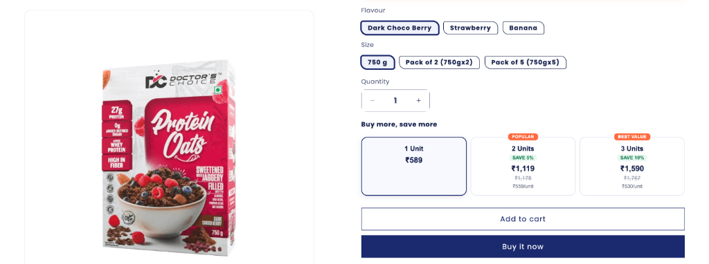 Shopify volume discount tiers offering 5% off for 2 units and 10% off for 3 units on product page