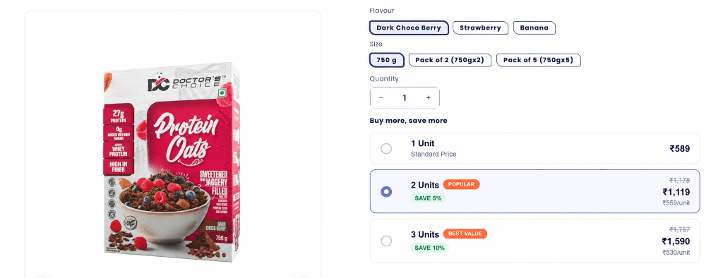 Vertical list layout for Shopify volume discount showing stacked offer rows with radio buttons