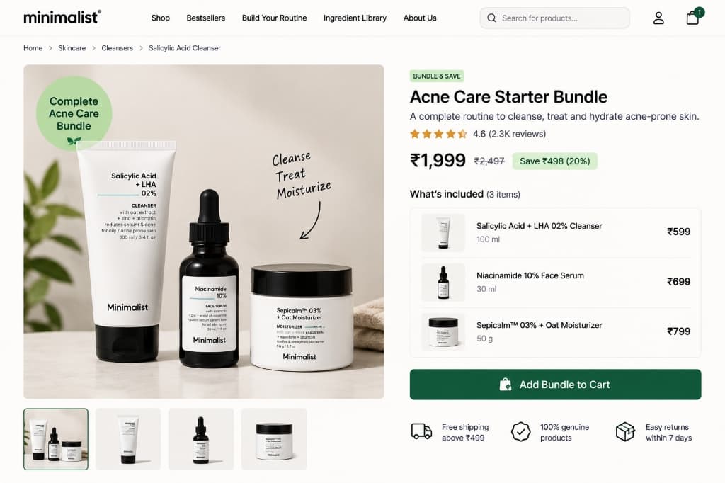 Minimalist Shopify product bundle Acne Care Starter Bundle with 3-step routine and discounted bundle price