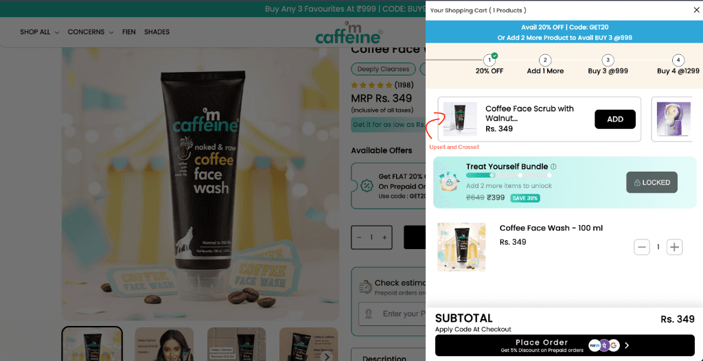 mCaffeine Shopify cart drawer upsell and cross-sell showing Coffee Face Scrub add-on and tiered discount milestones