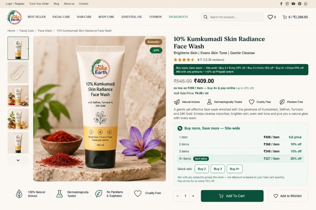 The Indie Earth Shopify product page showing Buy more Save more tiered volume discounts and quick add buttons