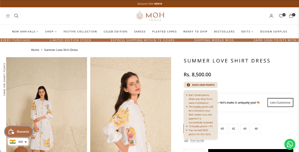 MOH India Shopify product page showing Earn 8500 points loyalty rewards program tooltip and points cashback