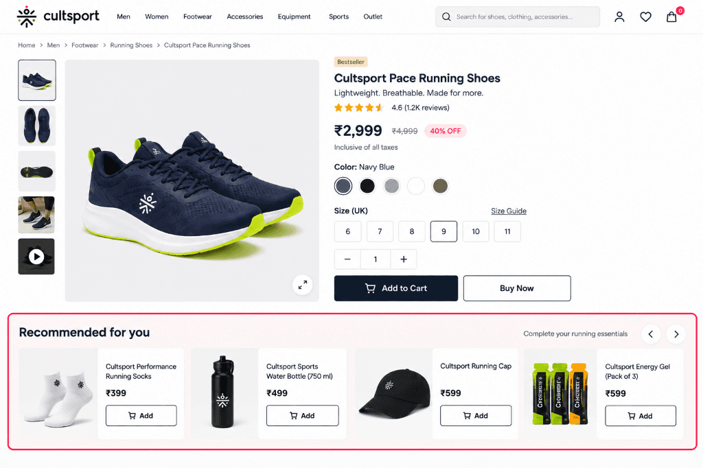 Cultsport Shopify product page recommended for you cross-sell widget displaying running socks water bottle and cap