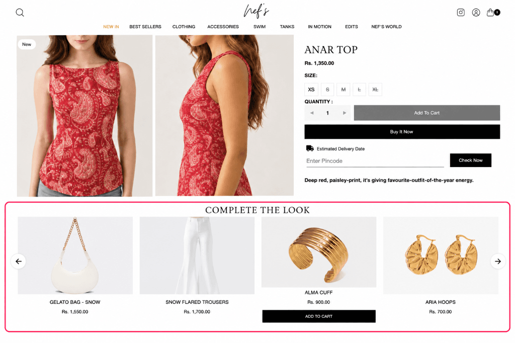 Nef's Shopify product page complete the look cross-sell carousel showing matching handbag trousers and jewelry