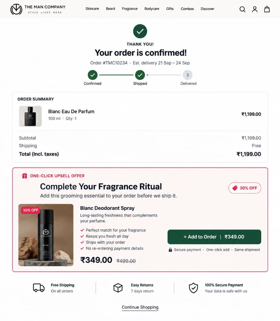 The Man Company Shopify post-purchase one-click upsell offer on thank you order confirmation page