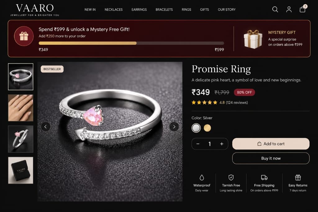 Vaaro Jewellery Shopify product page mystery free gift threshold progress bar unlock offer