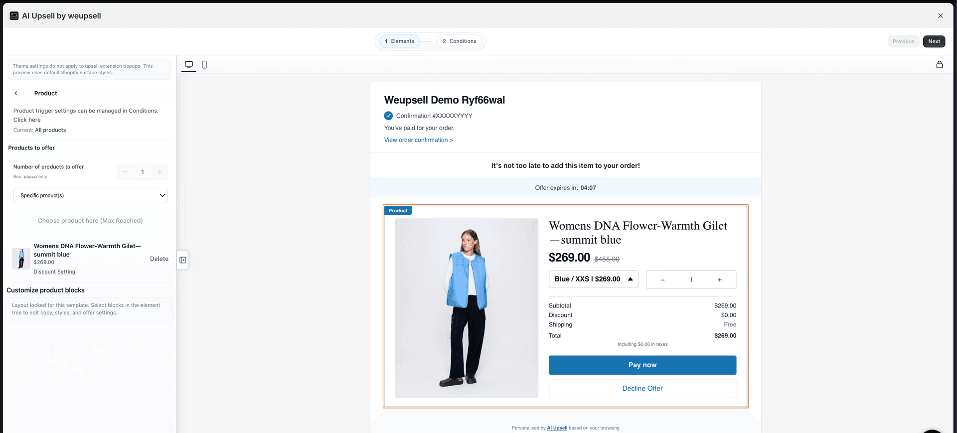 WeUpsell Elements panel configuring a post-purchase product offer with live preview