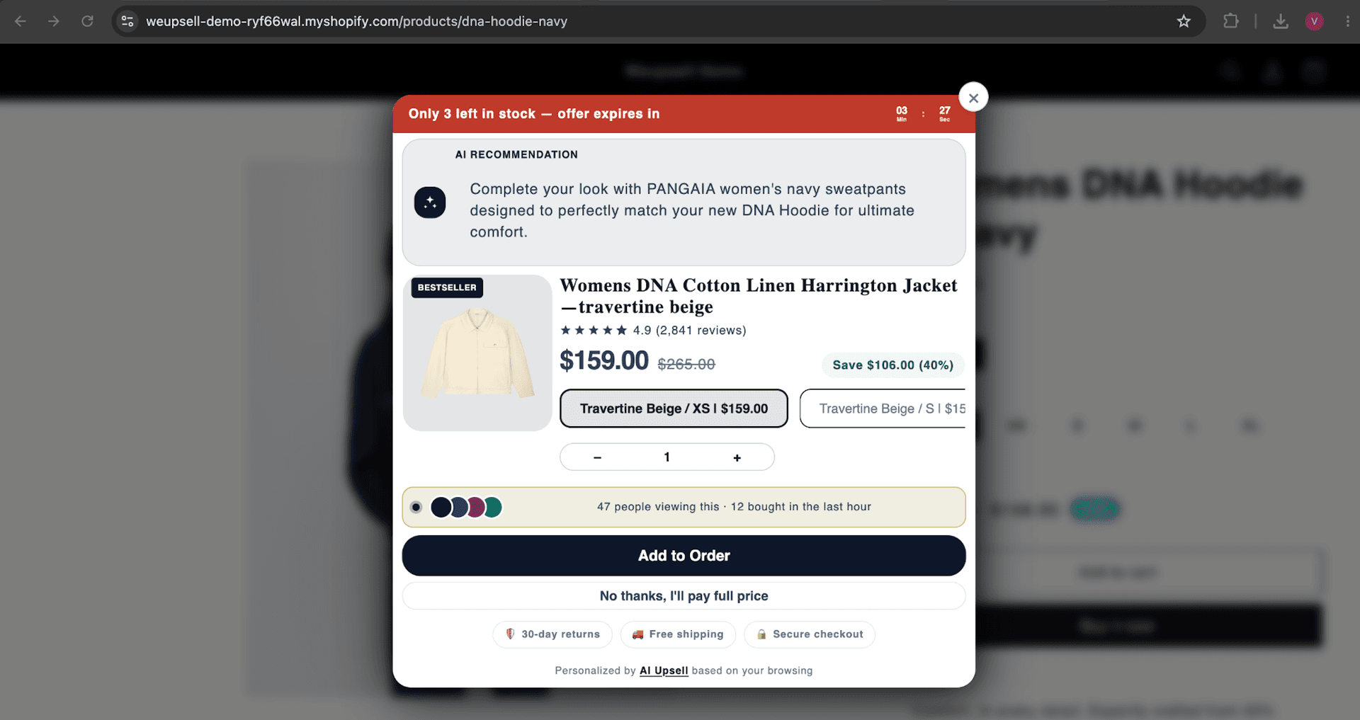 Live upsell popup showing a related product on a Shopify store