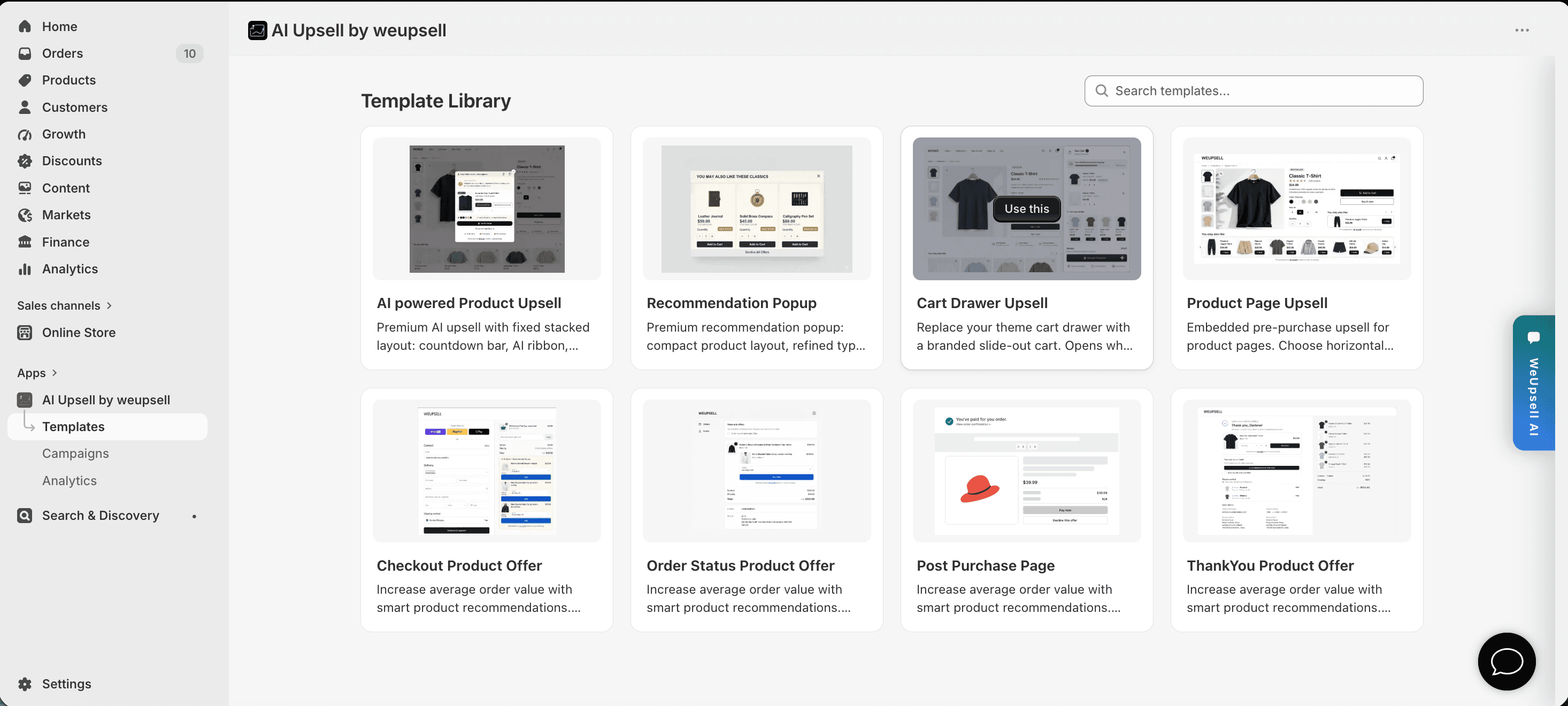 Step 1: Open Cart Drawer Upsell Template in Template Library