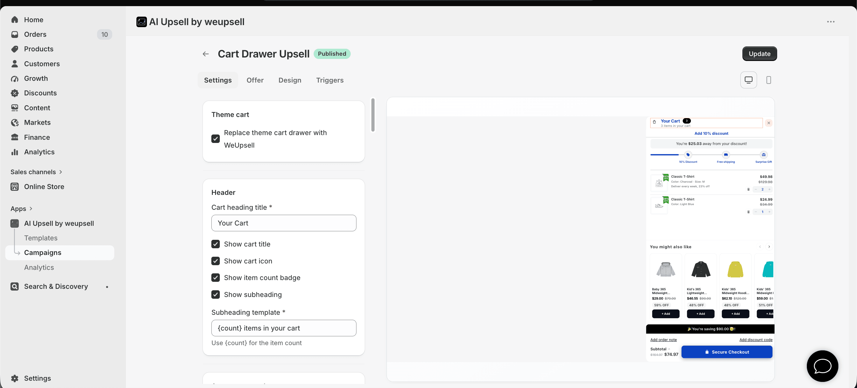Step 2: Cart Drawer Settings, Offer, Design, and Live Preview Editor