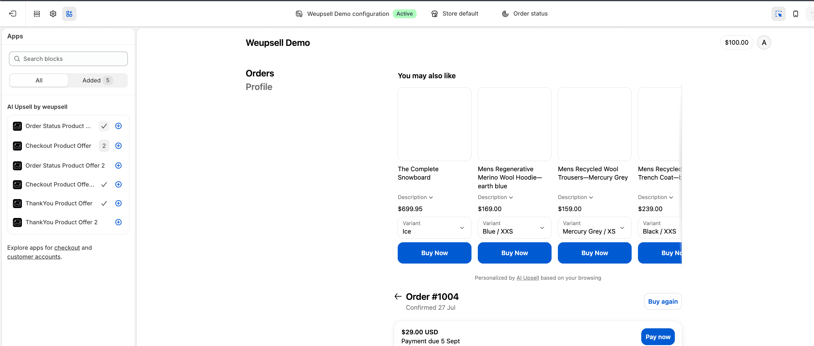 Step 4: Shopify Order Status Editor with WeUpsell Apps panel
