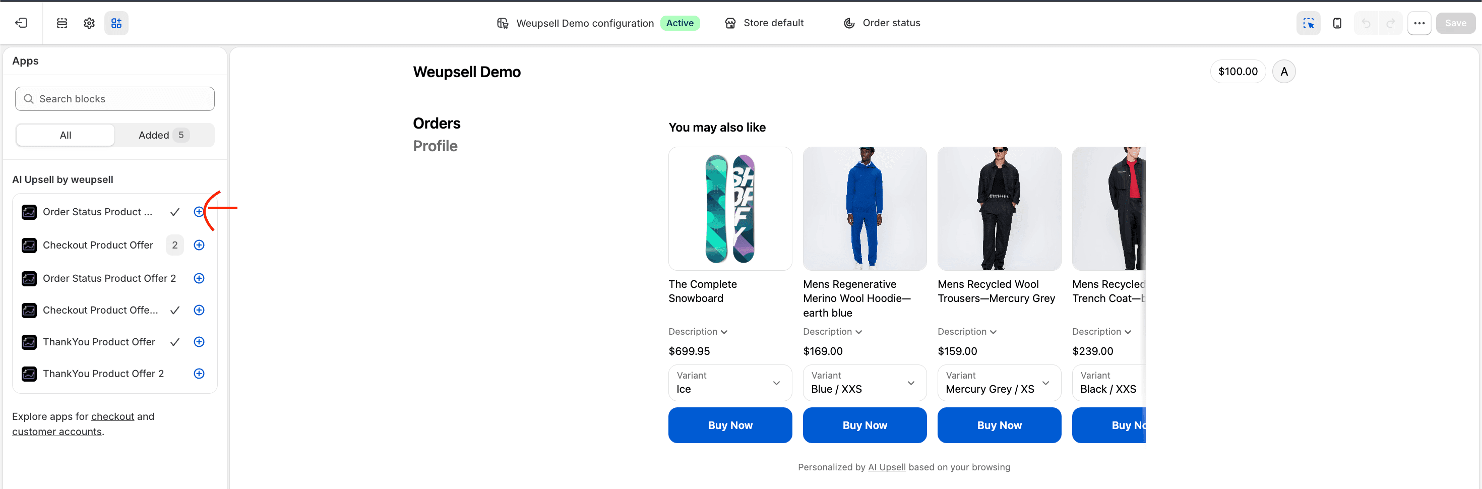 Step 5: Click + next to Order Status Product Offer in the Apps panel