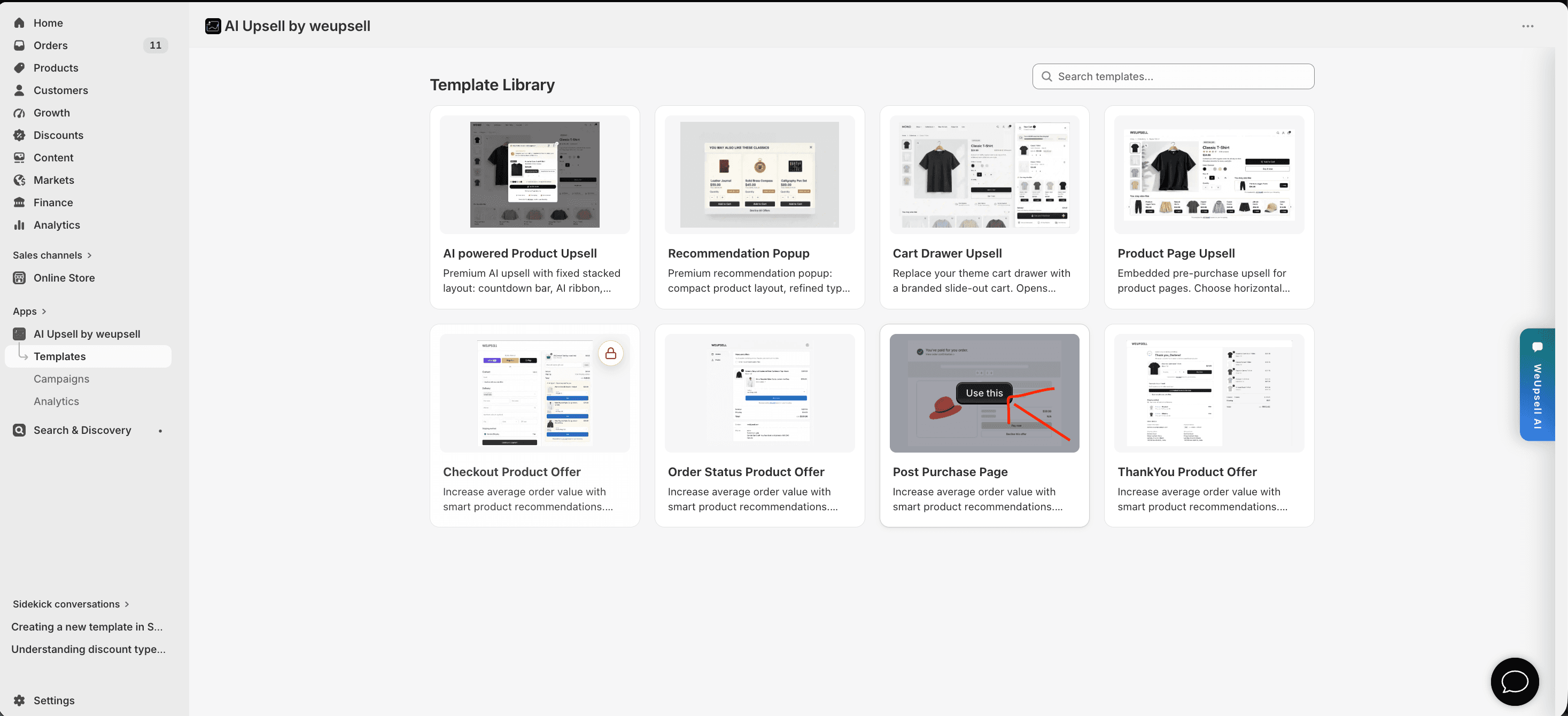 Step 1: Select Post Purchase Page in the Template Library