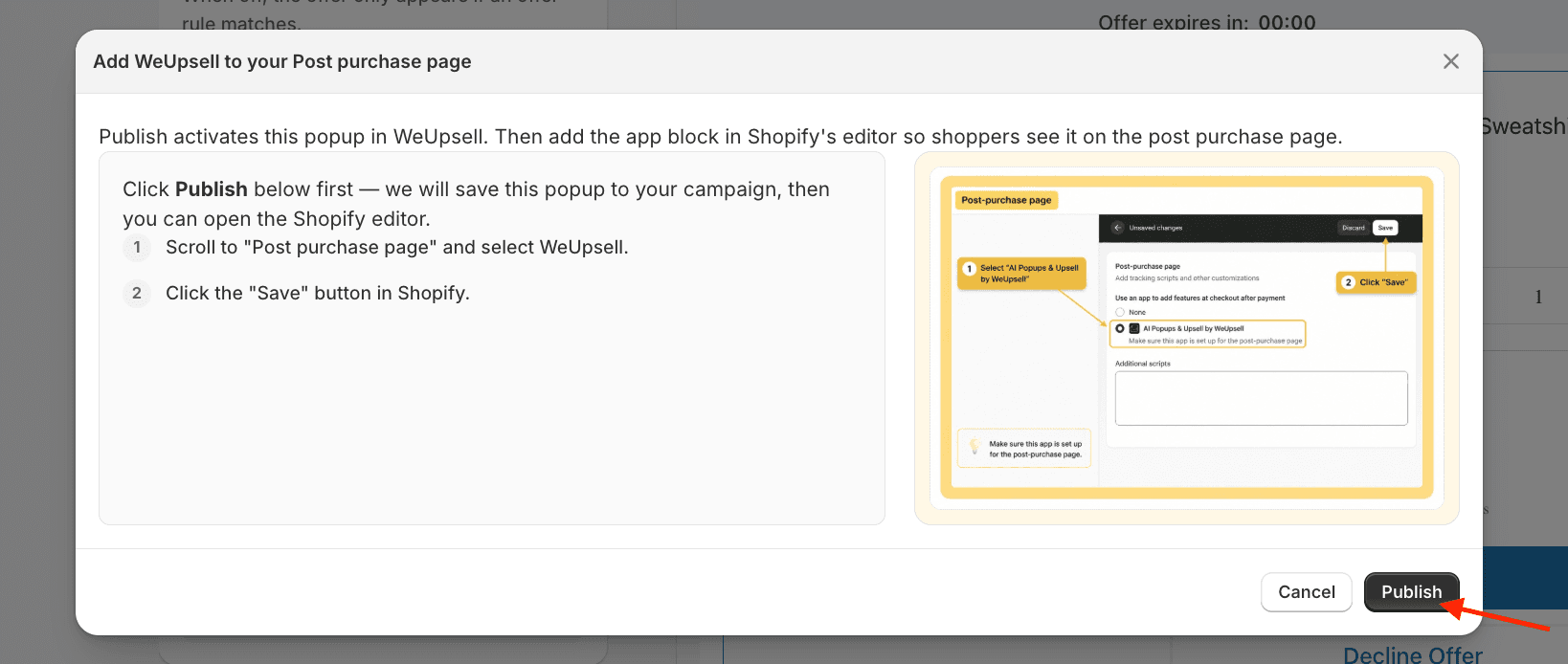 Step 3: Publish dialog to add WeUpsell to the Post purchase page