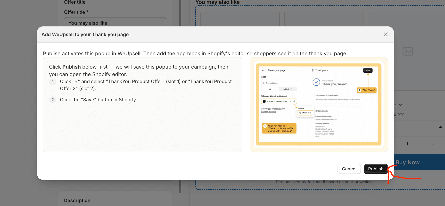 Step 3: Publish dialog to add WeUpsell to the Thank you page