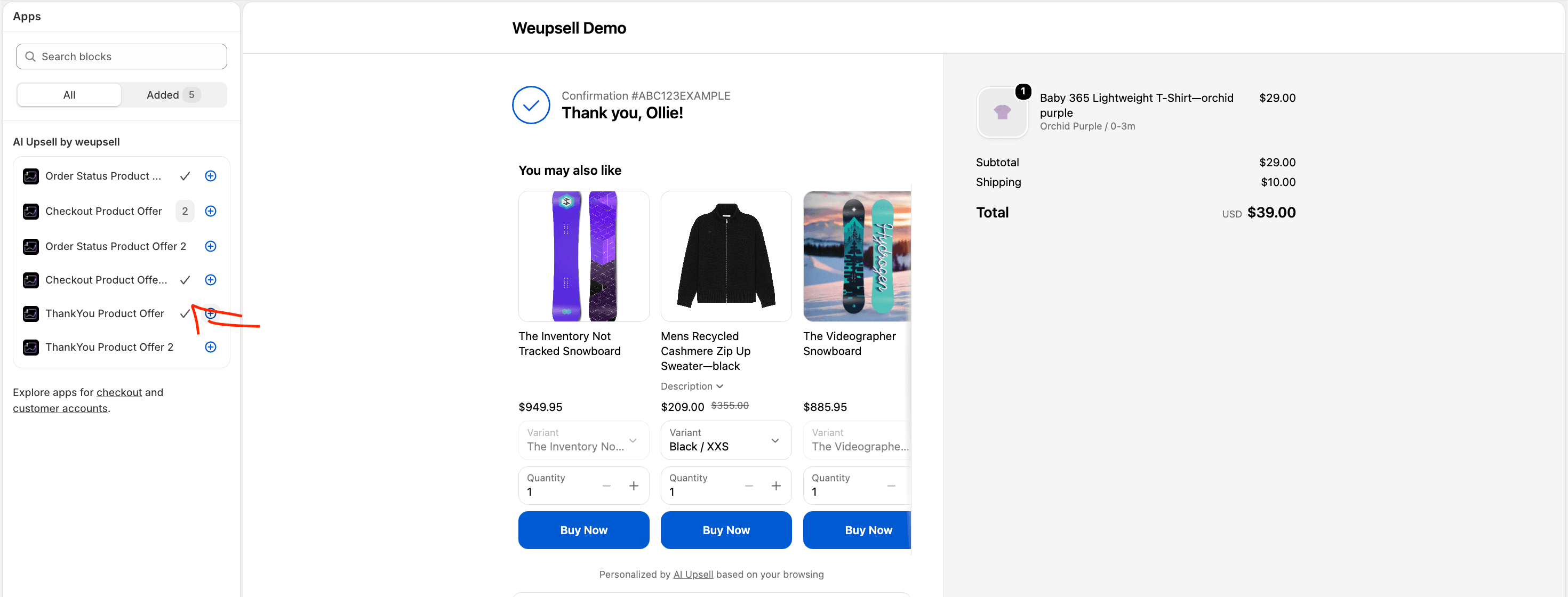 Step 4 Option 1: Click + next to ThankYou Product Offer in the Apps panel