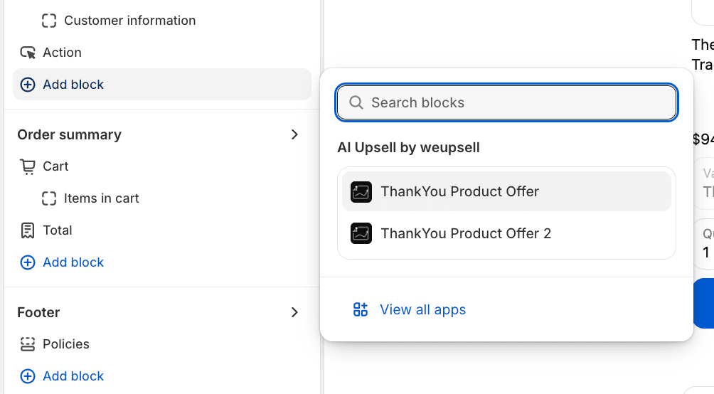 Step 4 Option 2: Add block and select ThankYou Product Offer
