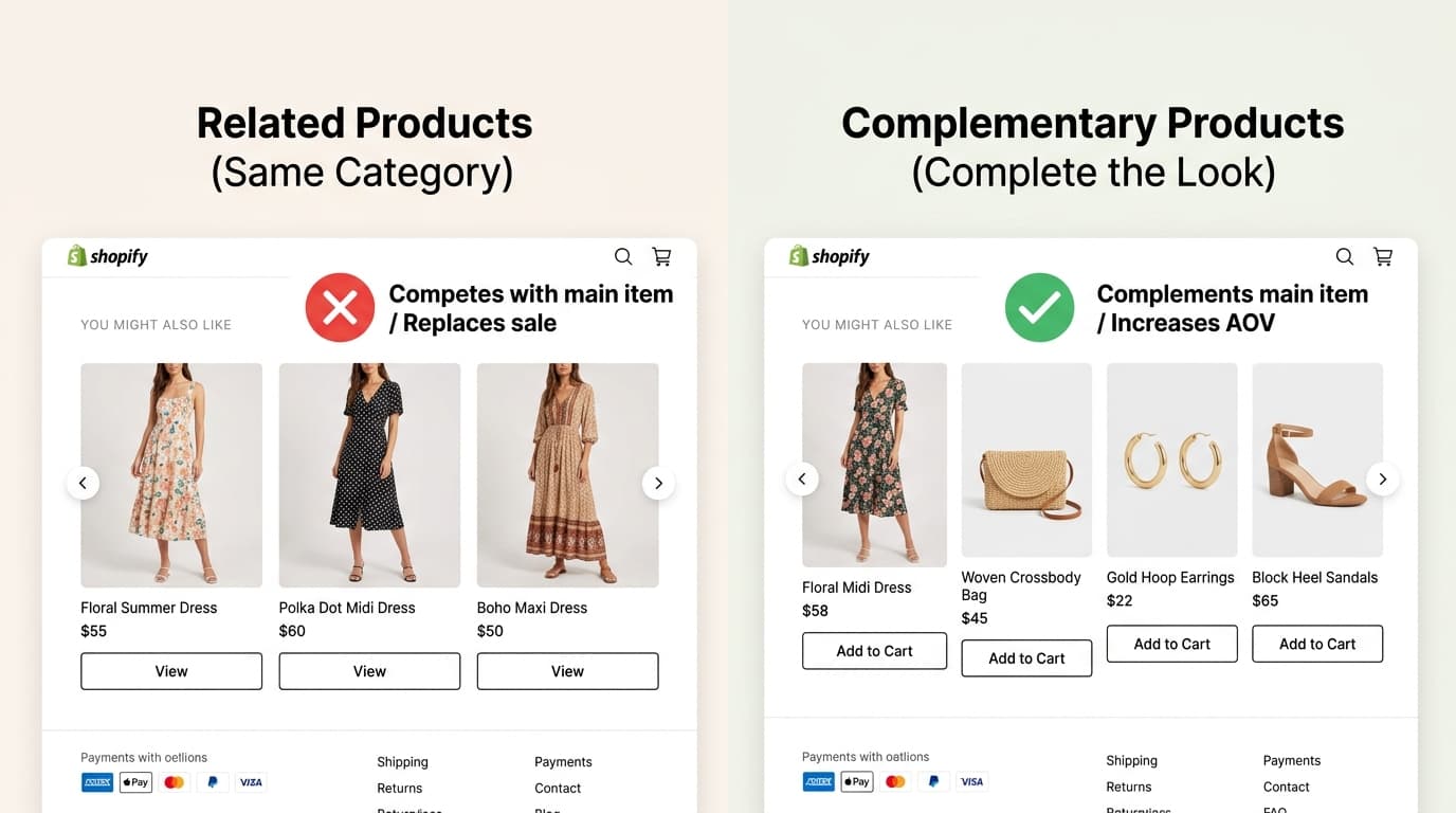Side-by-side comparison of related products versus complementary product recommendations