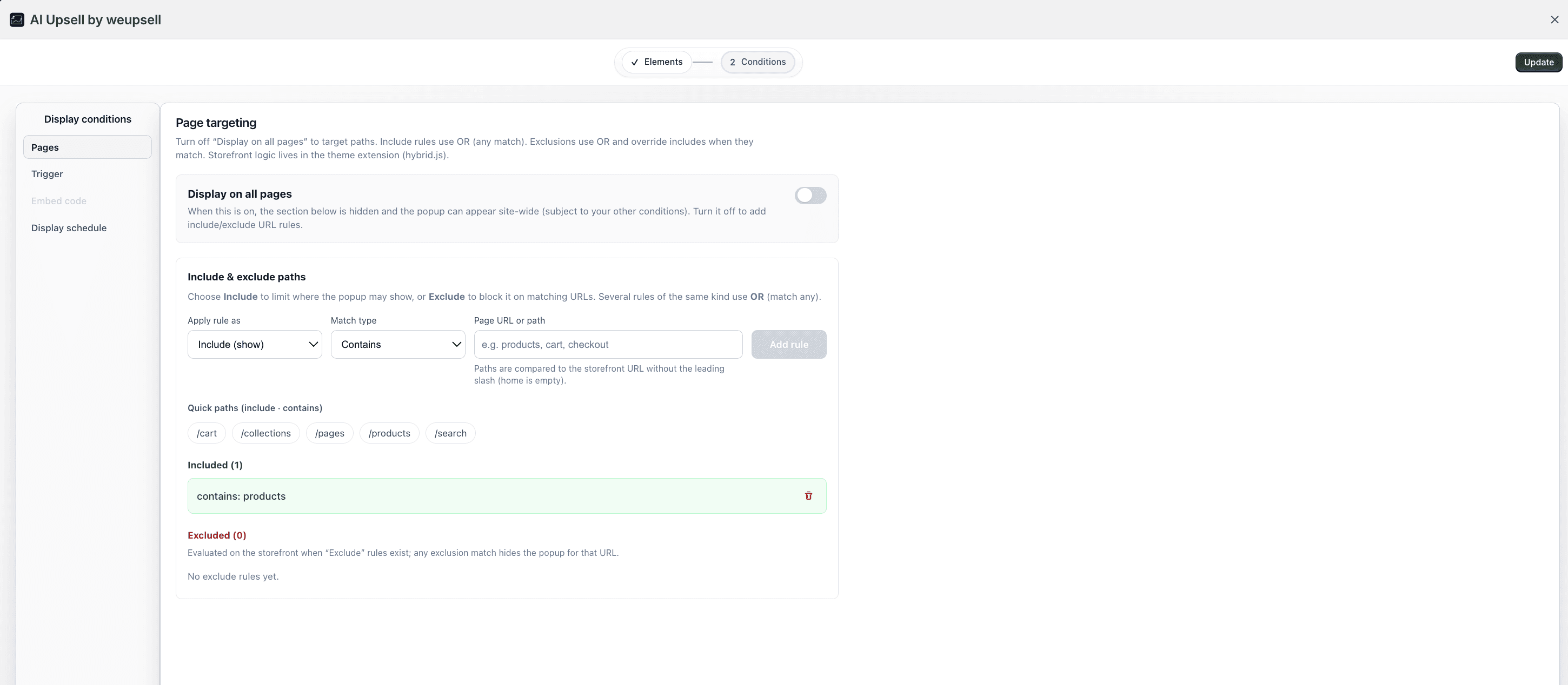 WeUpsell Conditions Pages tab with product page targeting rule
