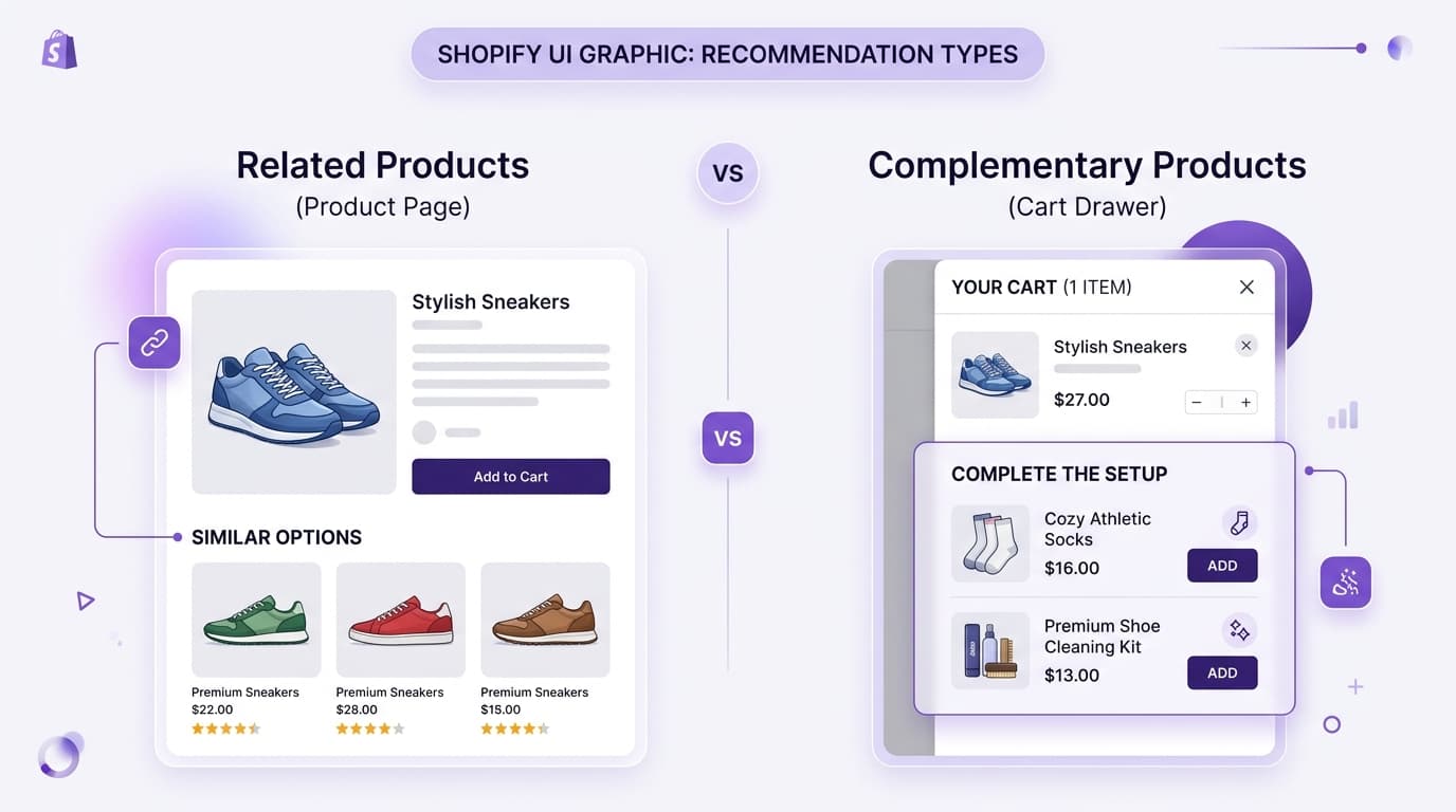 Shopify UI comparison of related products on product page versus complementary products in cart drawer
