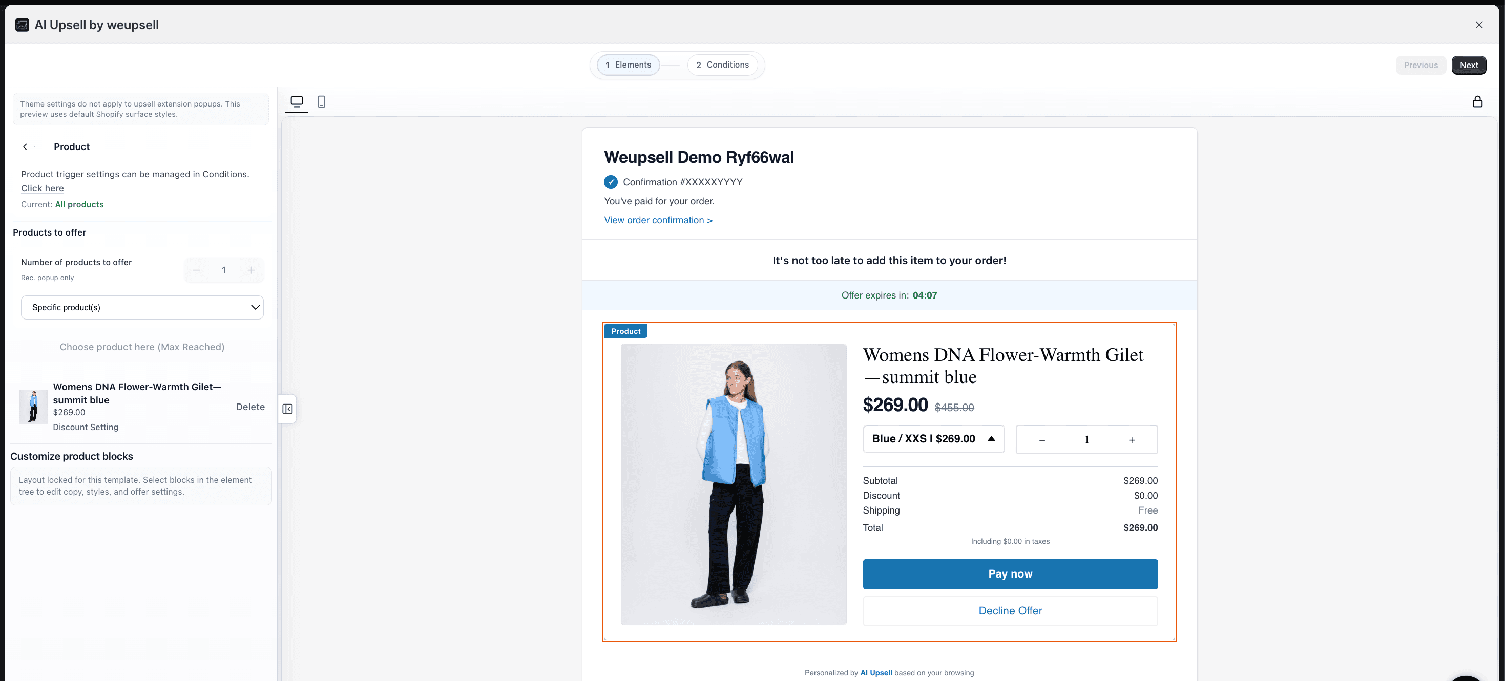 WeUpsell Elements panel configuring a post-purchase product offer with live preview