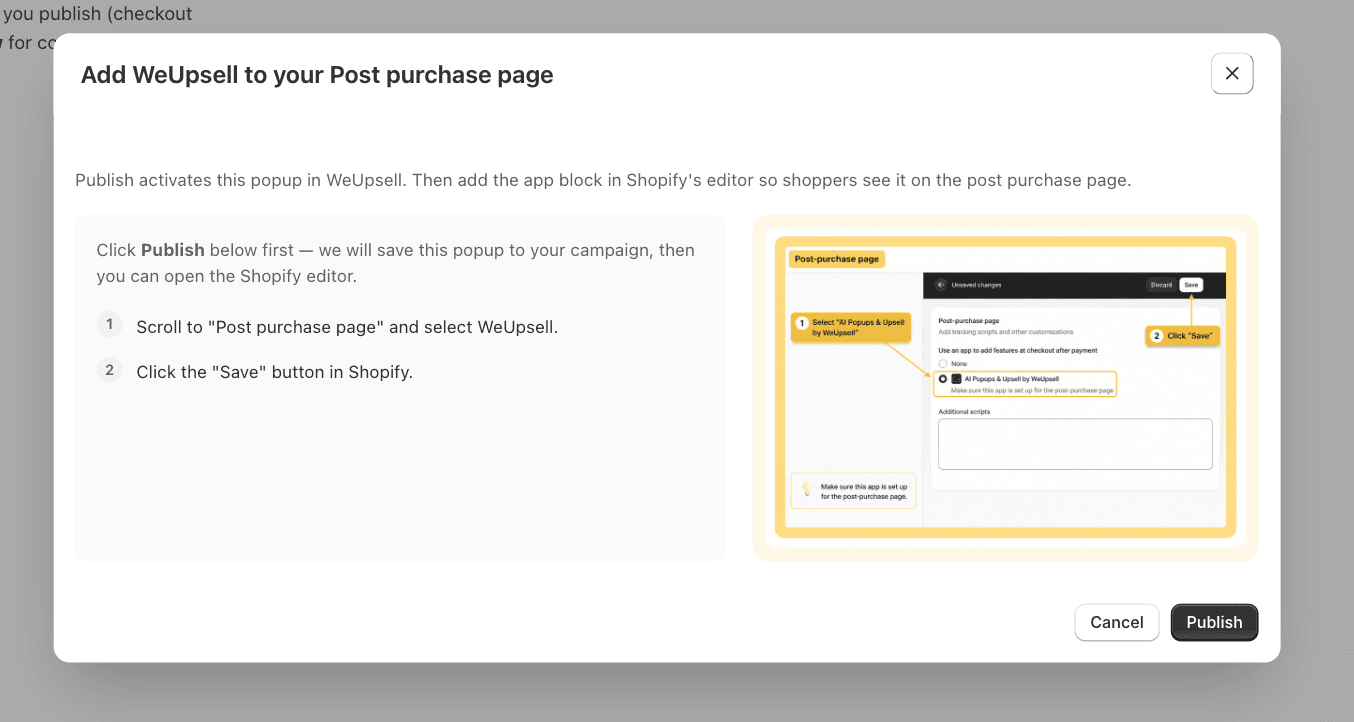 WeUpsell publish modal with instructions to add the app to Shopify post-purchase page