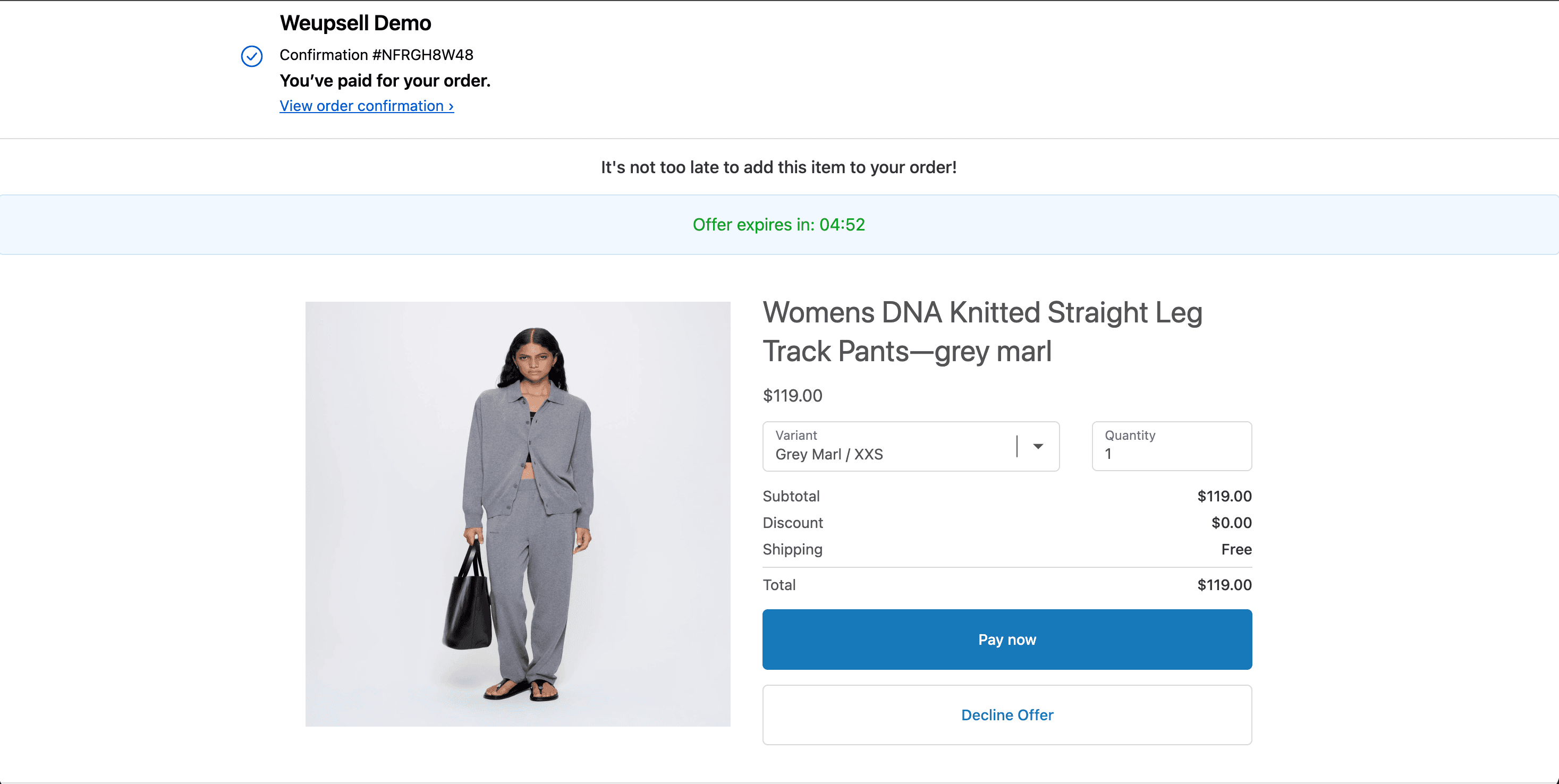 Live Shopify post-purchase upsell page with product offer, timer, and Pay now button