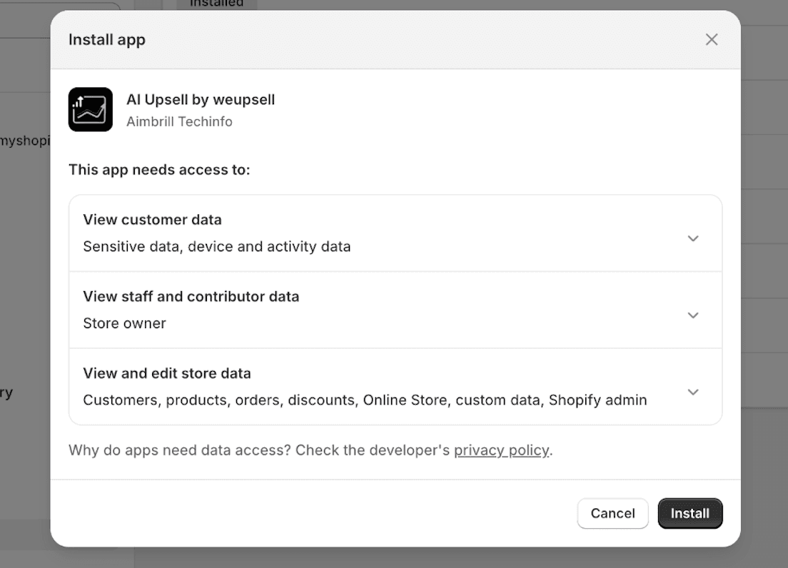 Shopify app install permissions screen for AI Upsell