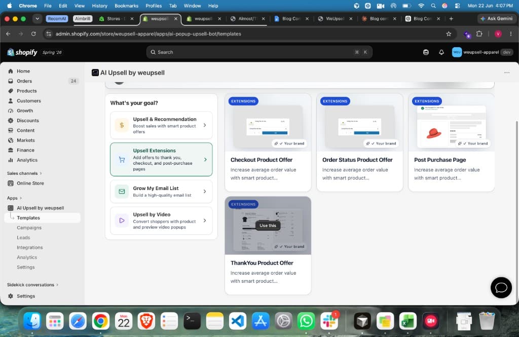 WeUpsell template library showing ThankYou Product Offer under Upsell Extensions