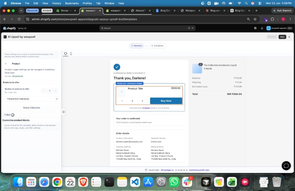 WeUpsell Elements panel configuring a thank you page product offer with live preview
