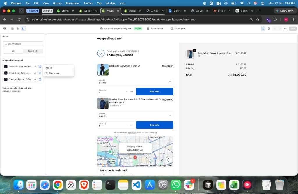 Shopify checkout editor adding WeUpsell ThankYou Product Offer block via the Apps panel