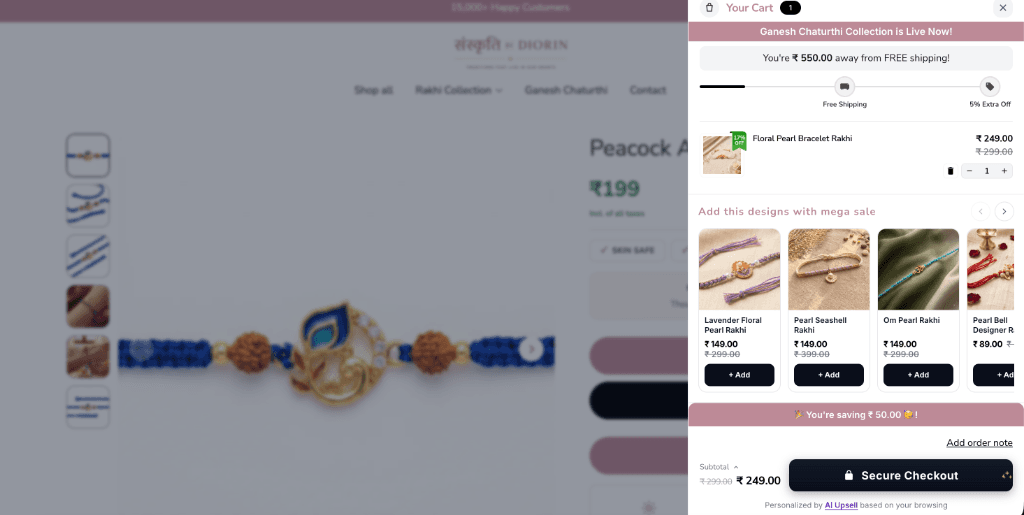 Rakhi By Diorin slide-out cart drawer showing WeUpsell 'Add this designs with mega sale' complementary recommendations
