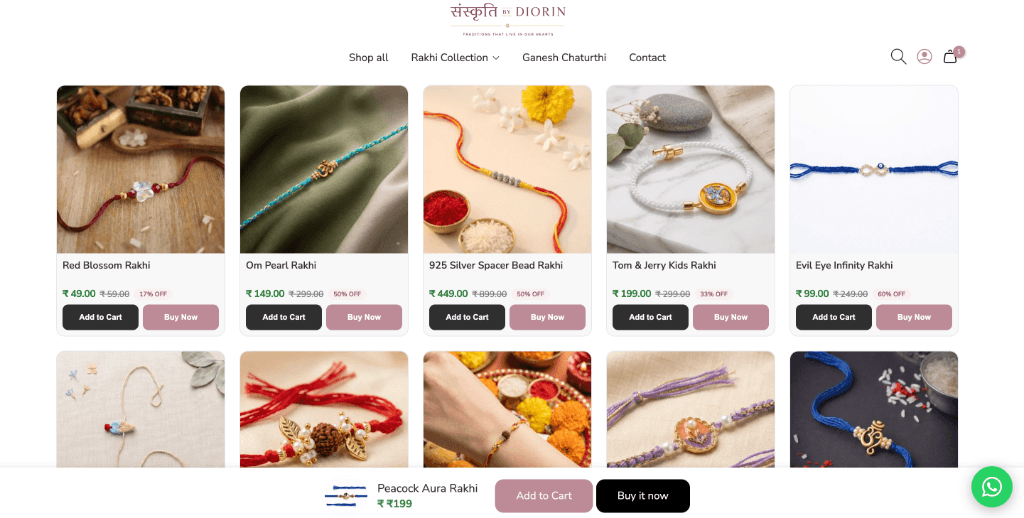 Rakhi By Diorin 'You may also like' product page recommendations showing Red Blossom Rakhi, Om Pearl Rakhi, 925 Silver Spacer Bead Rakhi, and Kids Rakhis