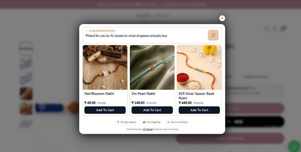 WeUpsell AI Recommendation popup modal on Rakhi By Diorin — 'Picked for you by AI, based on what shoppers actually buy'