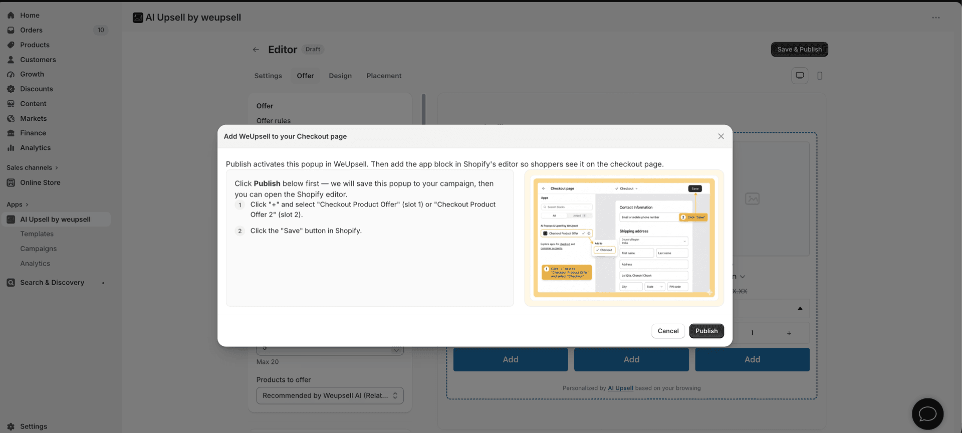 Step 3: Publish dialog to add WeUpsell to the Checkout page