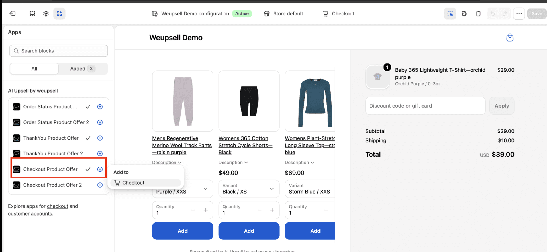 Step 4 Option 1: Click + next to Checkout Product Offer and select Checkout
