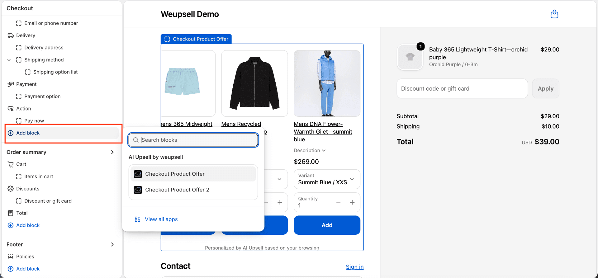 Step 4 Option 2: Add block and select Checkout Product Offer