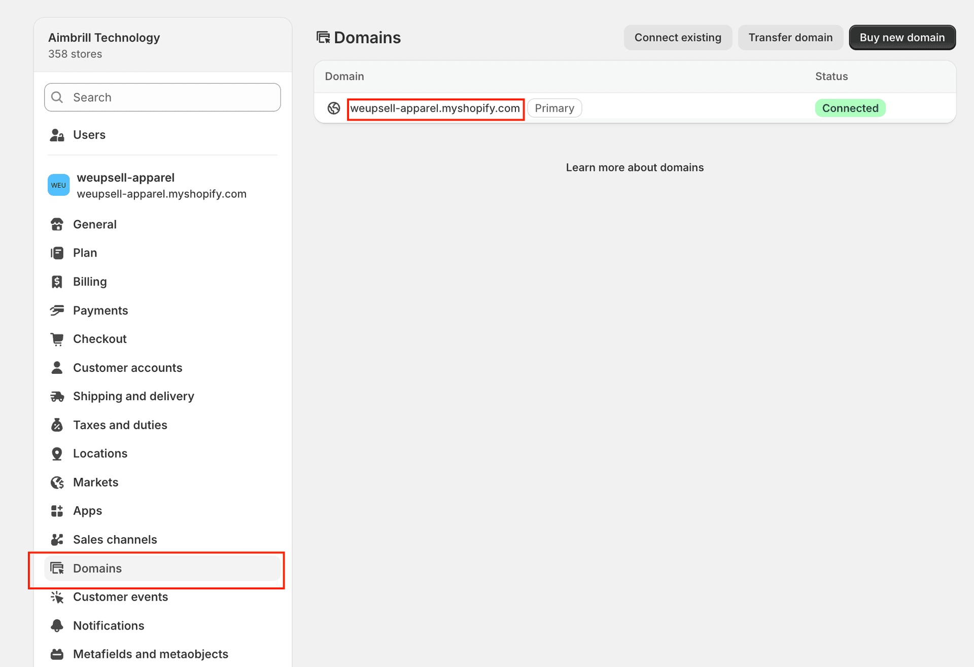 Step 8: Find the primary Shopify store domain on the Domains page