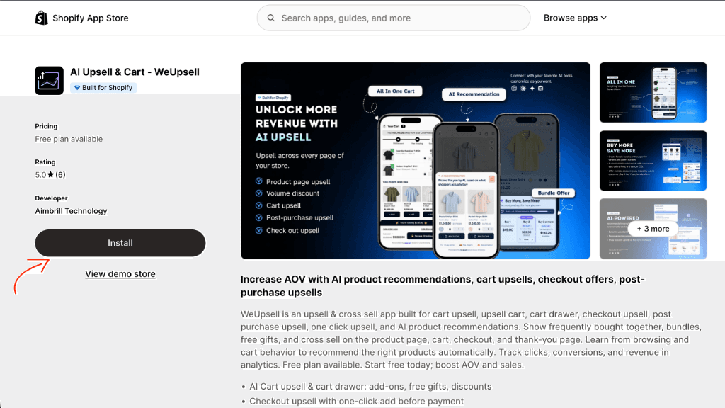 Step 1: Install AI Upsell & Cart ‑ WeUpsell from the Shopify App Store