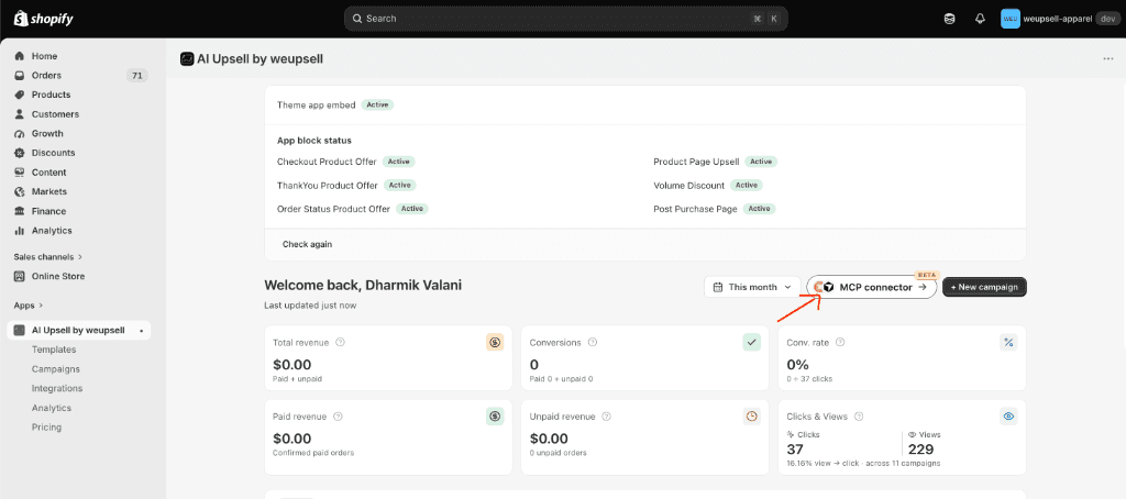 Step 2: Click the MCP connector button on the AI Upsell & Cart ‑ WeUpsell dashboard