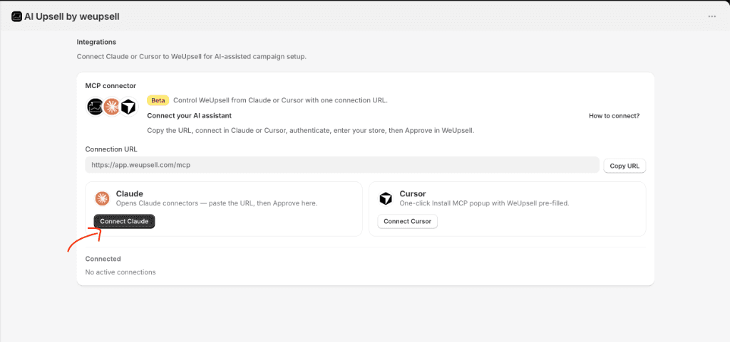 Step 3: Integrations page with connection URL and Connect Claude button