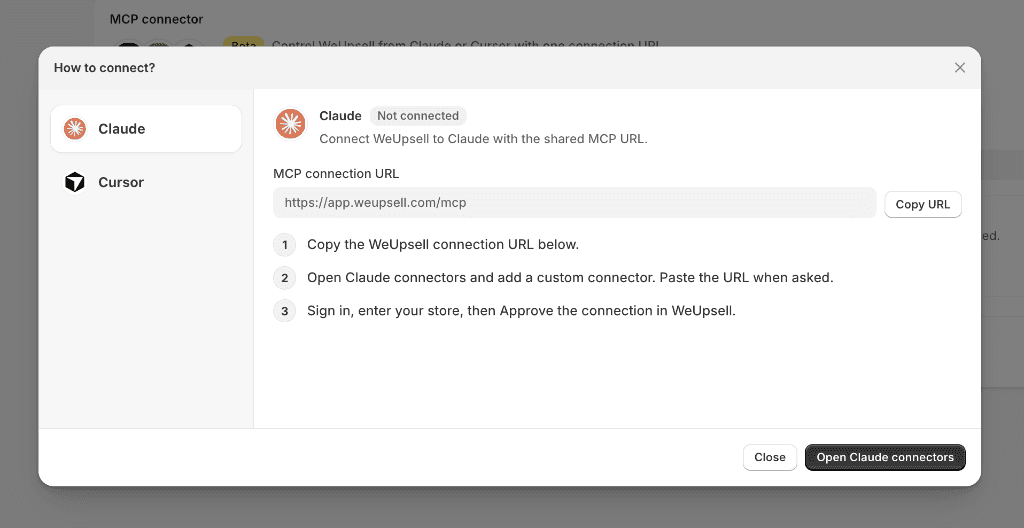 Step 4: Copy the AI Upsell & Cart ‑ WeUpsell connection URL from How to connect modal