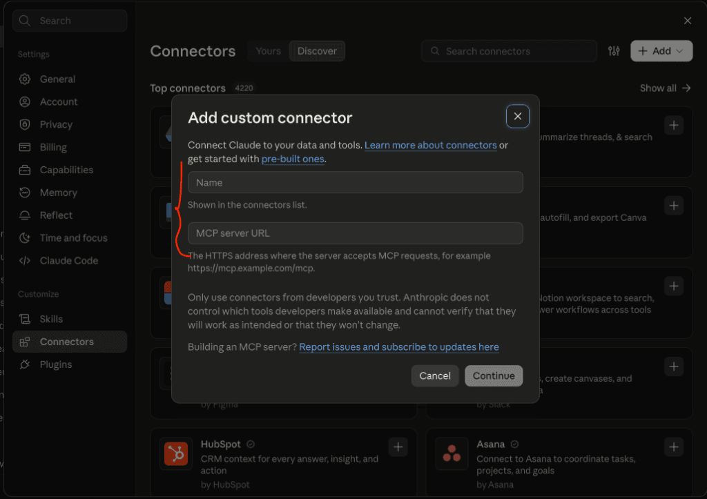 Step 5: Add custom connector modal in Claude settings