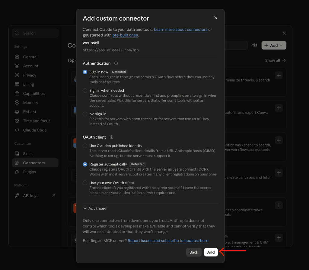 Step 6: Confirm detected authentication and OAuth client settings in Claude