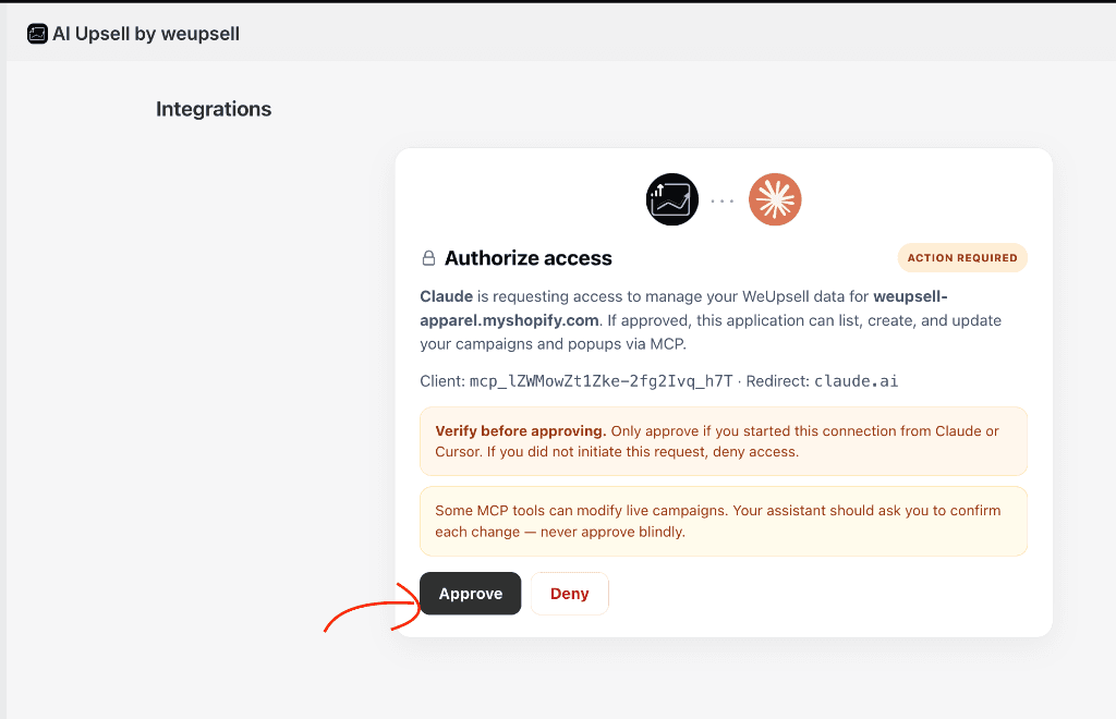 Step 10: Click Approve in AI Upsell & Cart ‑ WeUpsell Integrations page