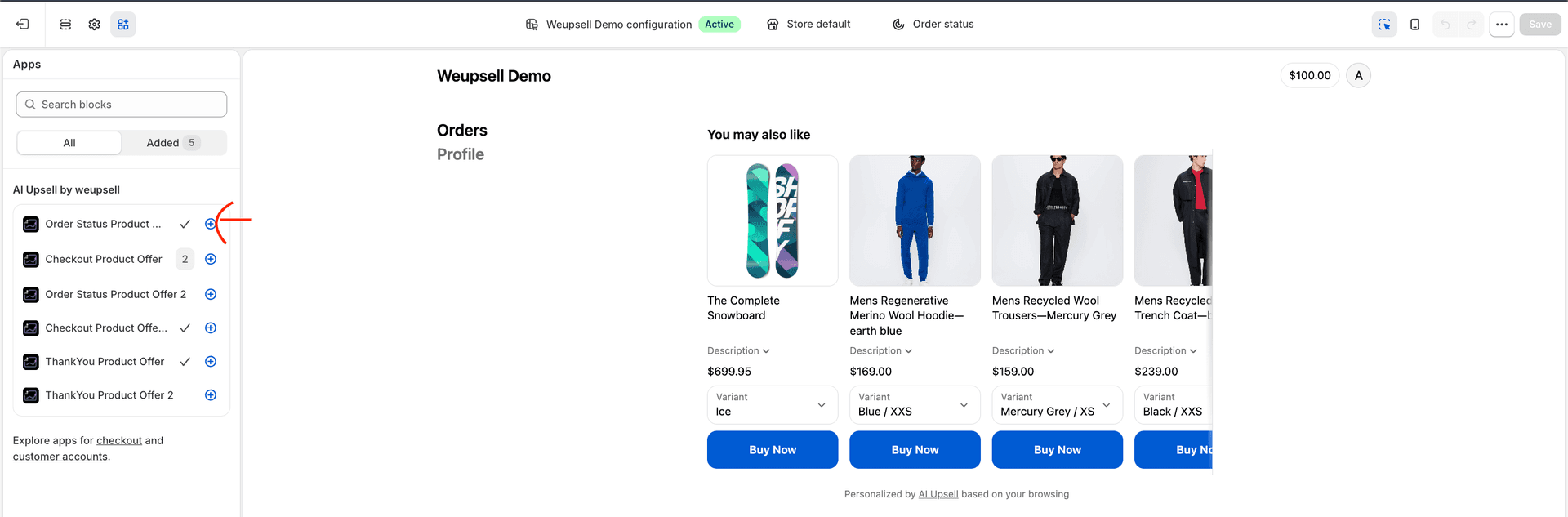 Step 5: Click + next to Order Status Product Offer in the Apps panel